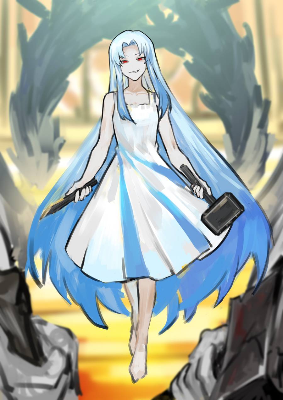1girl, angela_(project_moon), barefoot, blue_hair, dress, e.g.o_(project_moon), grin, hammer