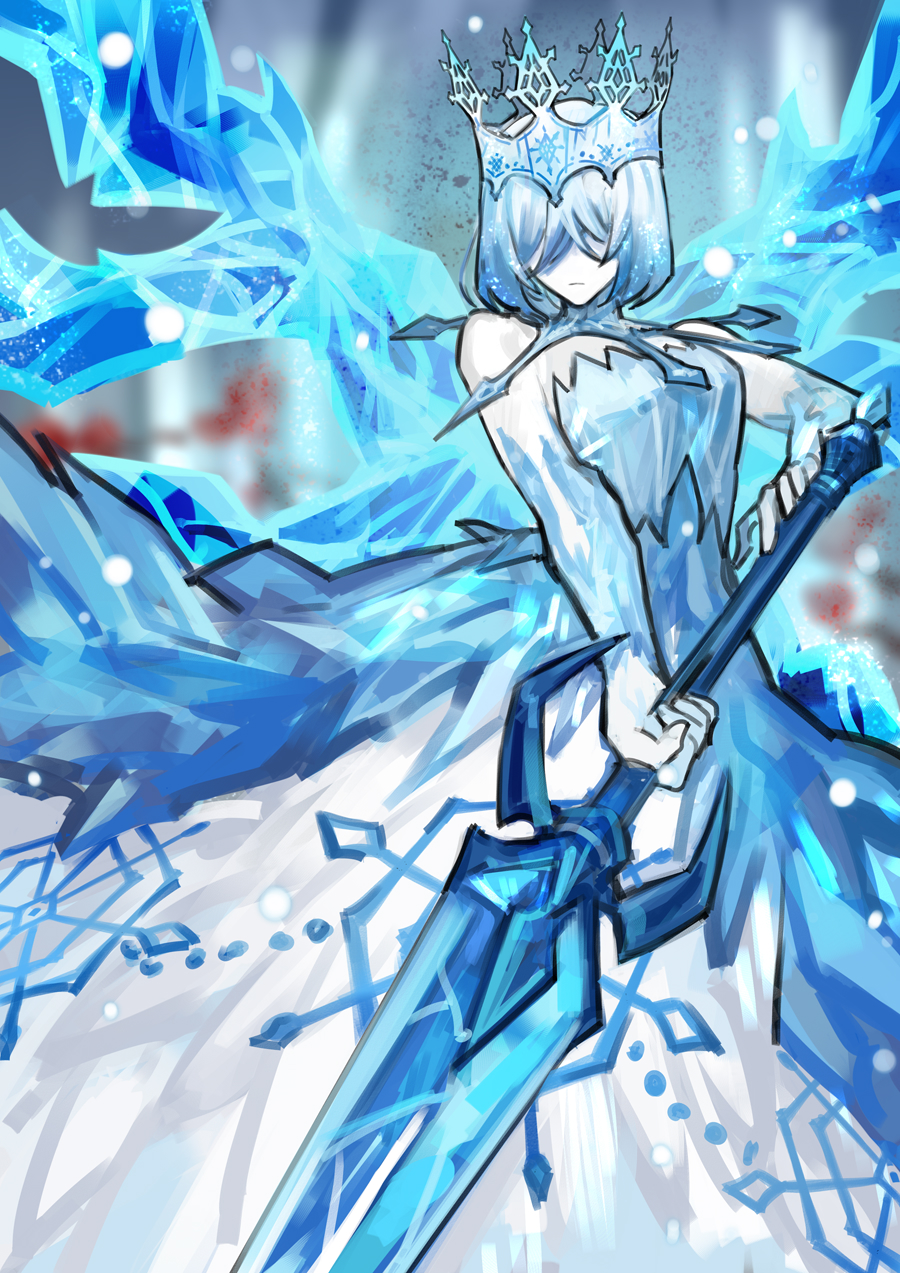 1girl, angela_(project_moon), blue_dress, crown, dress, e.g.o_(project_moon), facing_viewer, frost_shard_(e.g.o), hair_over_eyes, highres, holding, holding_sword, holding_weapon, ice, ice_wings, library_of_ruina, medium_hair, nishikujic, project_moon, snow_queen_(project_moon), snowflake_print, snowflakes, solo, sword, weapon, wings