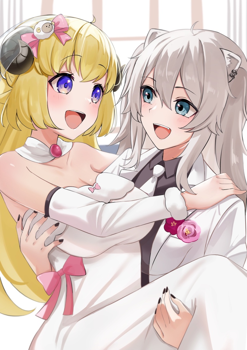 2girls, animal_ears, black_nails, blonde_hair, blue_eyes, blush, bow, breasts