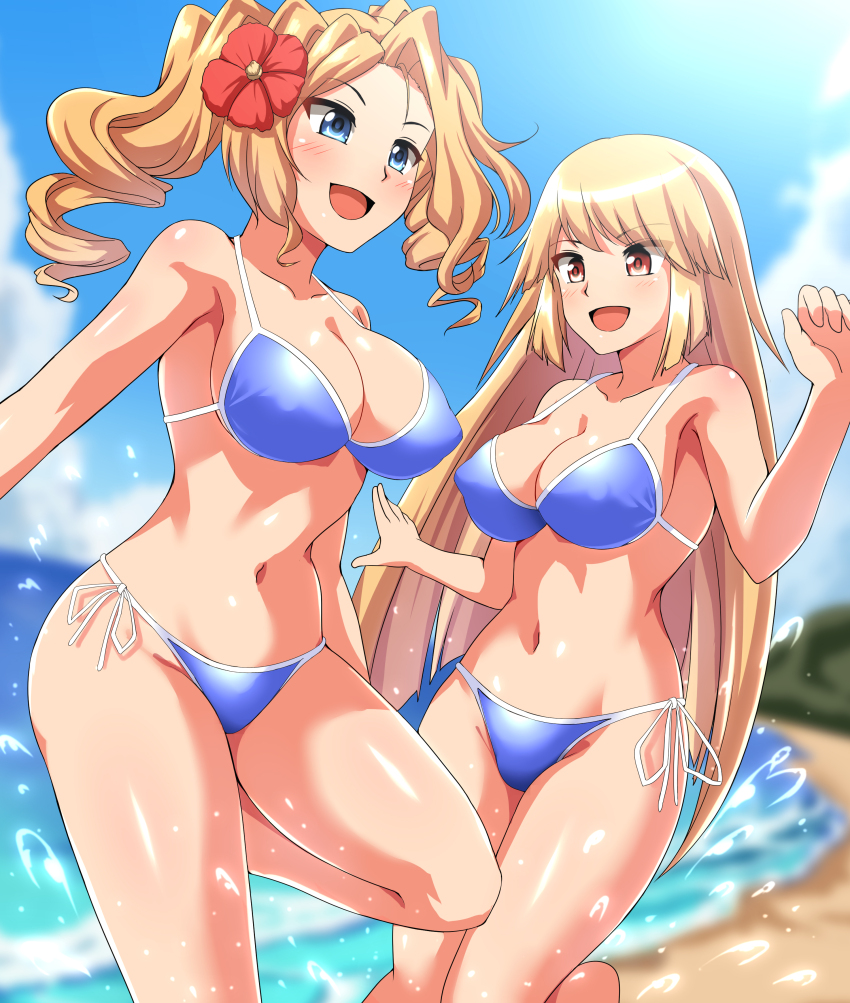 2girls, absurdres, alternate_color, beach, bikini, blonde_hair, blue_bikini, blue_eyes