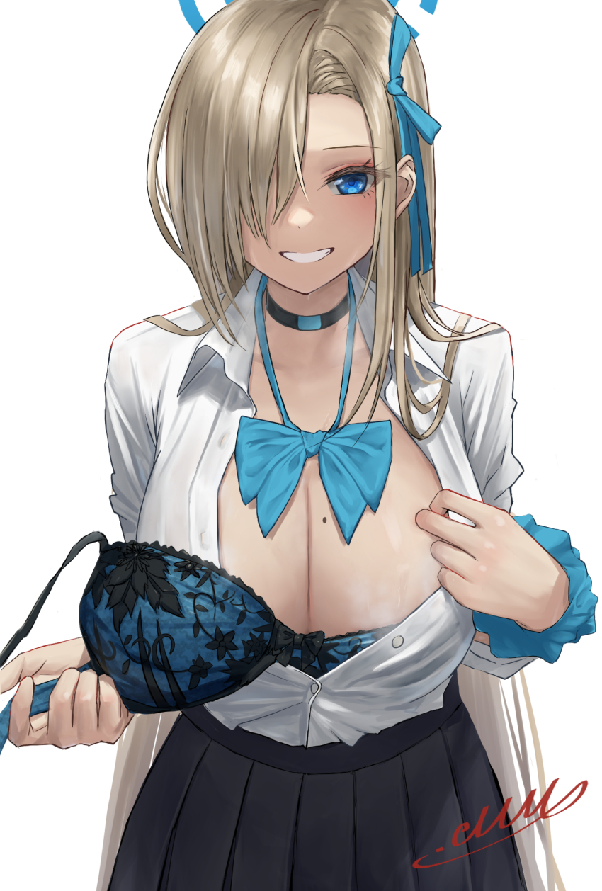 1girl, asuna_(blue_archive), black_skirt, blue_archive, blue_bow, blue_bra, blue_eyes, blue_halo, bow, bra, breasts, choker, cleavage, collared_shirt, commission, grin, halo, highres, large_breasts, light_brown_hair, looking_at_viewer, m.m_(mmitsu_93), mole, mole_on_breast, partially_unbuttoned, pixiv_commission, pleated_skirt, removing_bra, removing_bra_under_shirt, shirt, simple_background, skirt, smile, solo, underwear, unworn_bra, white_background, white_shirt
