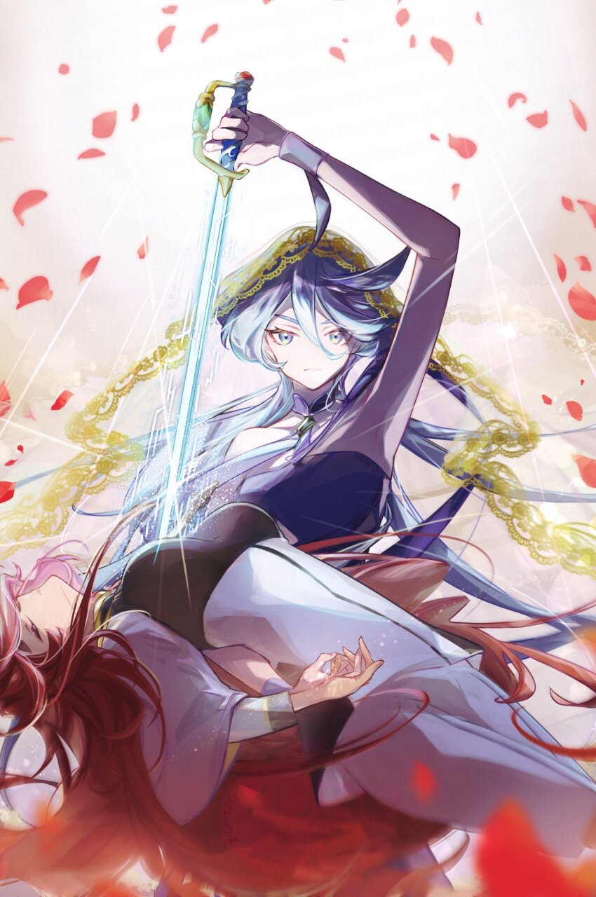 2girls, ahoge, alternate_costume, amayu_yuzukabe, armpits, asticassia_school_uniform, breasts, drawing_sword, dress, grey_eyes, gundam, gundam_suisei_no_majo, highres, holding, holding_sword, holding_weapon, human_scabbard, long_hair, medium_breasts, miorine_rembran, multiple_girls, parody, petals, red_hair, school_uniform, sekai_wo_kakumei_suru_chikara_wo, shoujo_kakumei_utena, suletta_mercury, sunlight, sword, sword_of_dios, weapon, white_hair