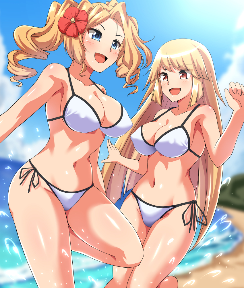 2girls, absurdres, beach, bikini, blonde_hair, blue_eyes, blue_sky, blurry