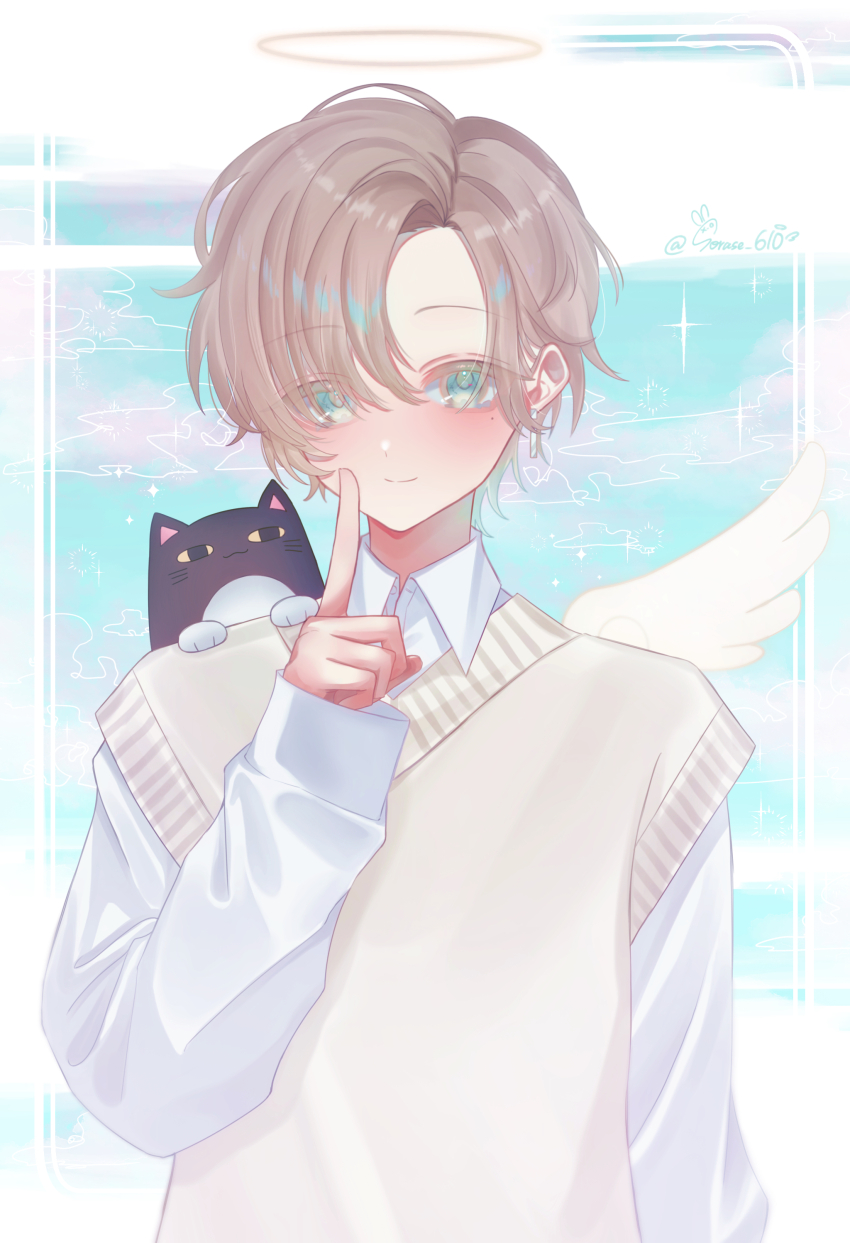 1boy, absurdres, androgynous, angel, angel_wings, animal, animal_on_shoulder, blush