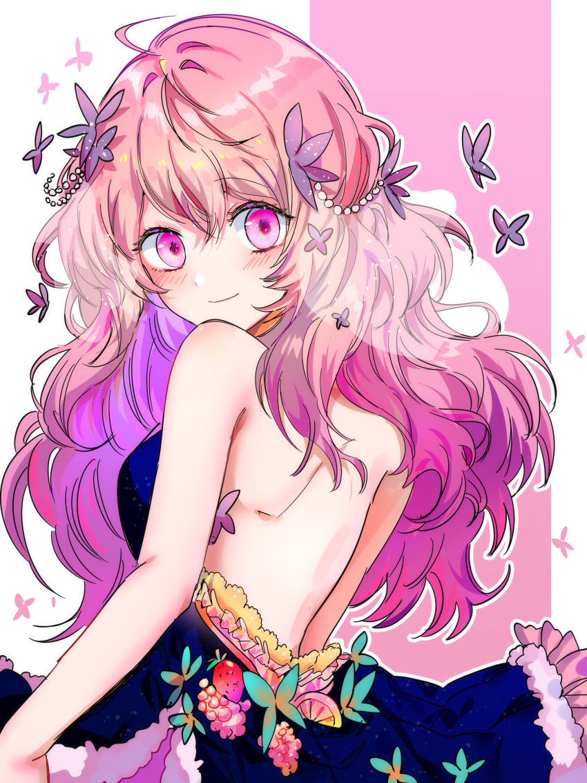 1girl, absurdres, backless_dress, backless_outfit, bare_shoulders, blue_dress, blush, breasts