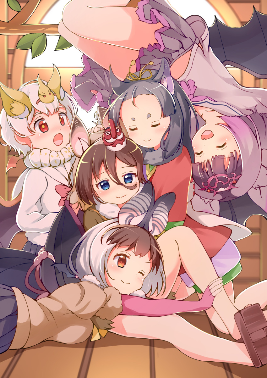 5girls, :o, ;), ^_^, absurdres, animal_ears, bare_legs, bat_ears