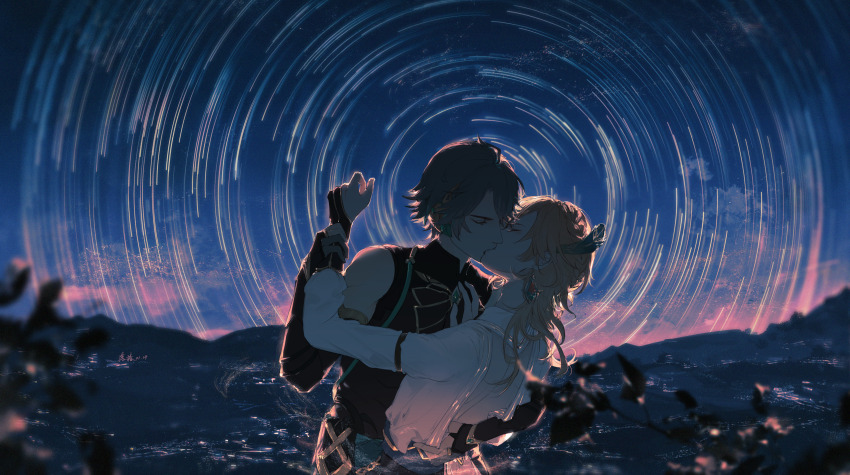 2boys, absurdres, ahoge, alhaitham_(genshin_impact), arm_grab, back, bare_back, bare_shoulders