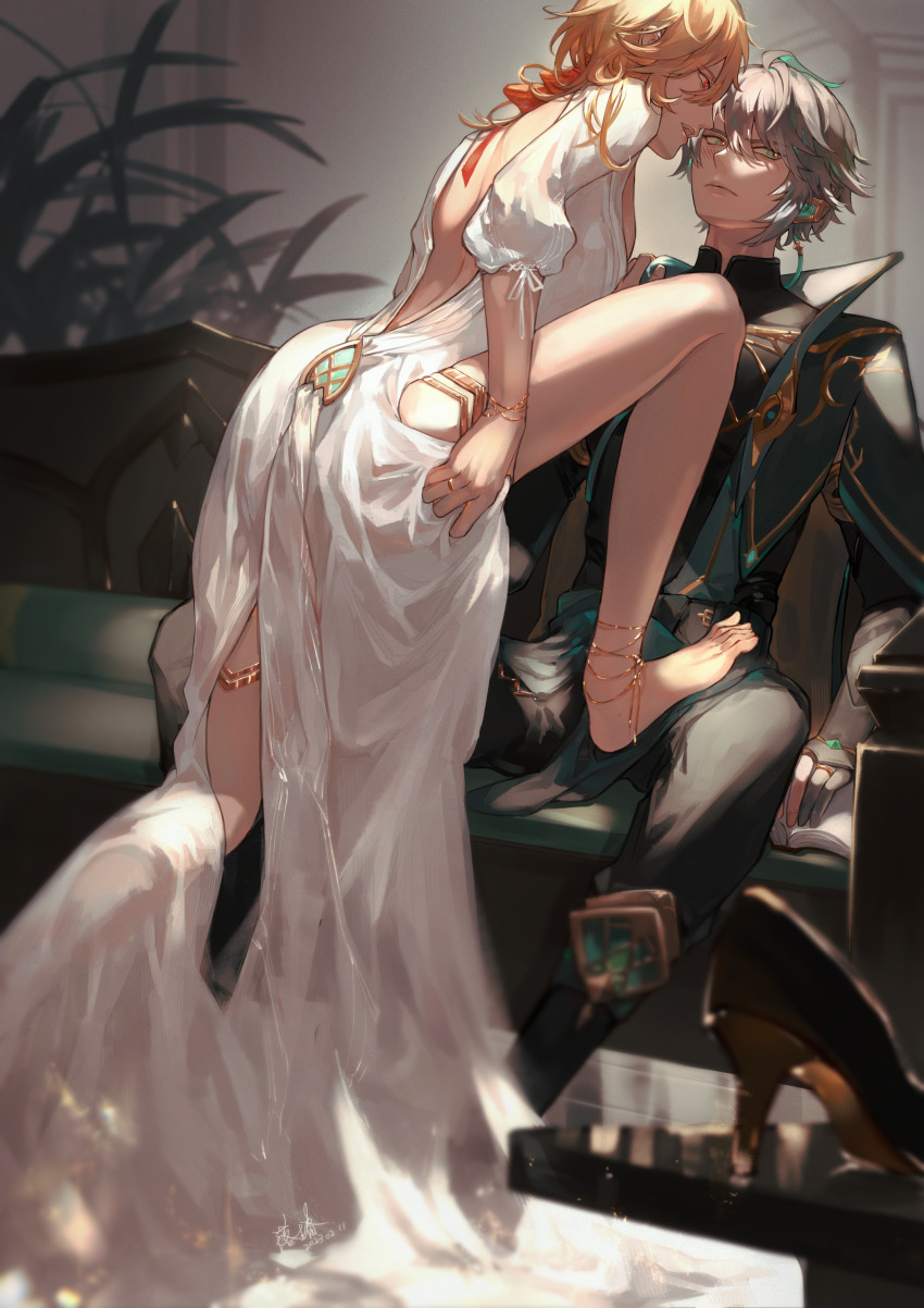 2boys, absurdres, adapted_costume, ahoge, alhaitham_(genshin_impact), artist_name, bare_back, barefoot, black_footwear, black_gloves, black_pants, black_shirt, blonde_hair, blue_cape, blue_eyes, blue_hair, bow, bracelet, cape, closed_mouth, couch, crossdressing, crossdressing_(mtf), crystal, dated, dress, elbow_gloves, fingerless_gloves, genshin_impact, gloves, gold_bracelet, gold_trim, grey_hair, hair_between_eyes, hair_bow, hand_on_another's_shoulder, hand_up, high_heels, highres, indoors, jewelry, kaveh_(genshin_impact), leaf, light, lips, looking_afar, looking_at_another, luochun_ring, male_focus, mandarin_collar, multicolored_hair, multiple_boys, open_mouth, pants, plant, puffy_short_sleeves, puffy_sleeves, red_bow, red_eyes, ribbon, ring, shadow, shirt, shoes, short_hair, short_sleeves, sitting, smile, standing, table, teeth, two-tone_hair, v-shaped_eyebrows, wall, white_dress, white_ribbon, yaoi