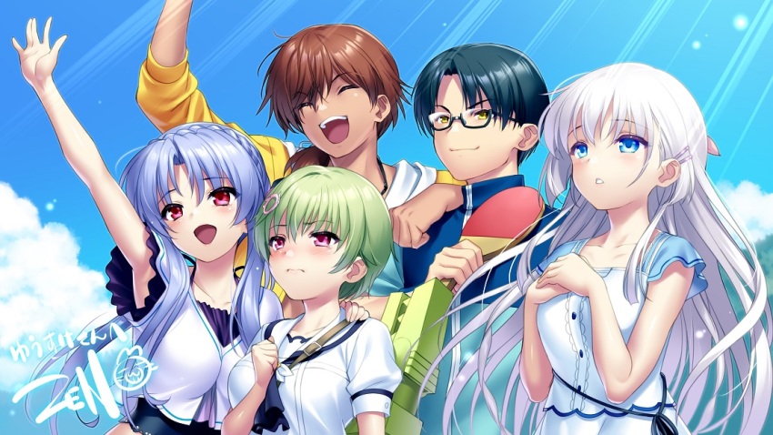 2boys, 3girls, :d, ^_^, arm_up, black_hair, blue_dress, blue_eyes