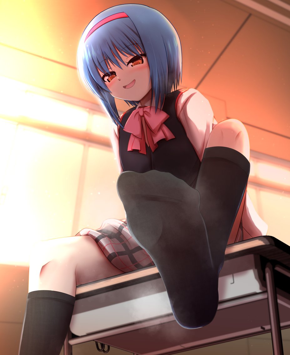1girl, akabashi_yuusuke, black_socks, black_vest, bloom, blue_hair, blush, breasts