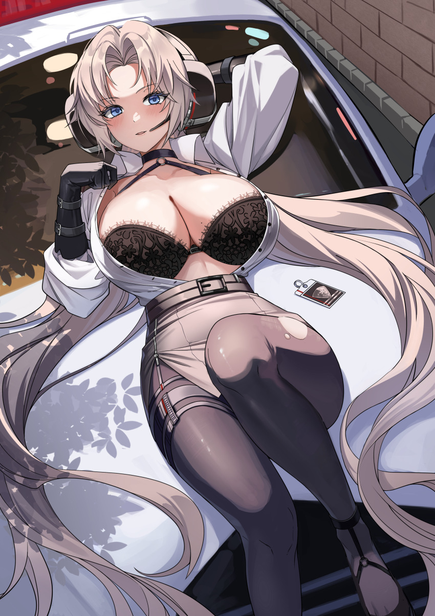 1girl, absurdres, arm_behind_head, arm_up, azur_lane, belt, black_belt, black_bra