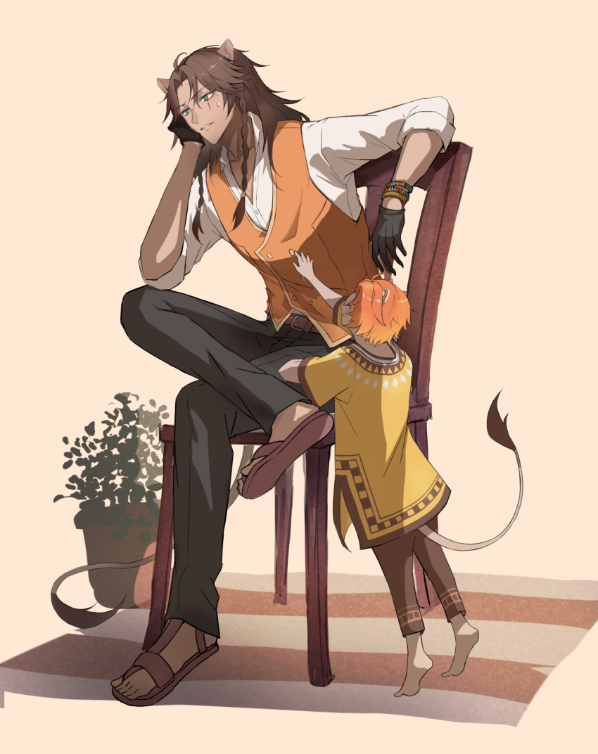 2boys, animal_ears, barefoot, black_gloves, blonde_hair, braid, brown_hair, carpet