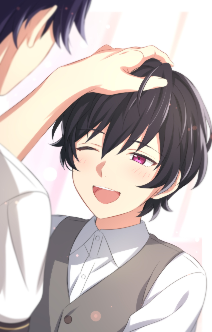 1boy, 1other, :d, absurdres, aged_down, black_hair, blush, buttons