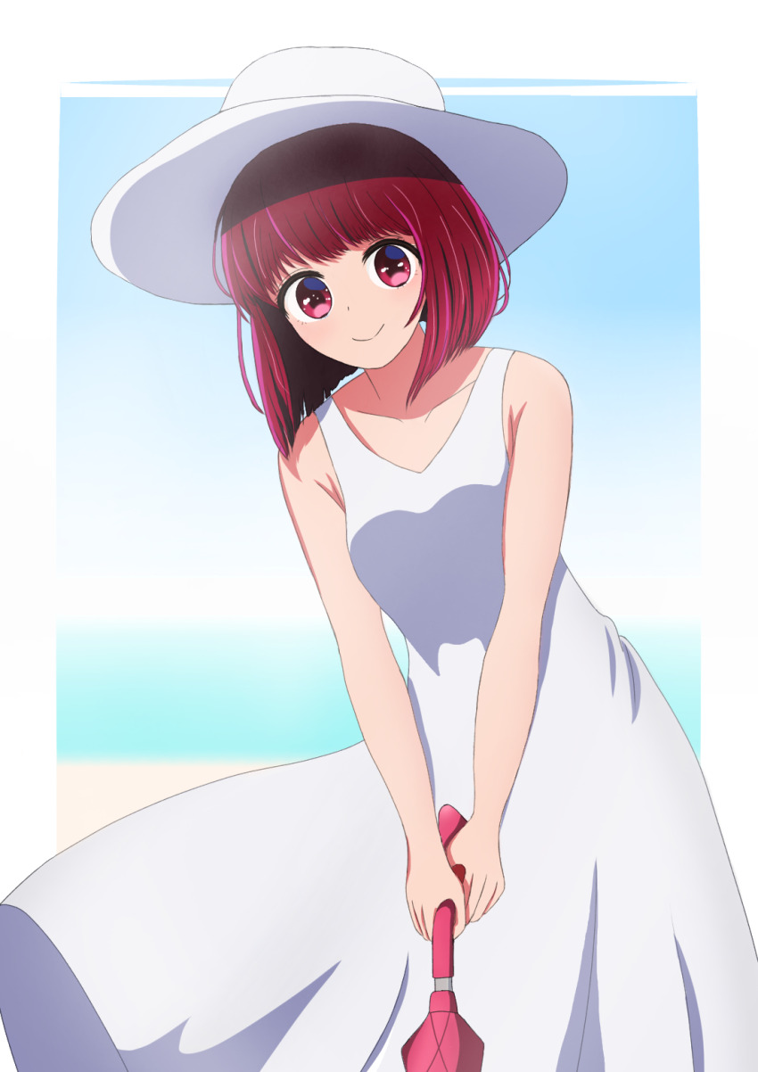 1girl, arima_kana, bare_shoulders, beach, blue_sky, blurry, blurry_background, bob_cut, border, closed_mouth, collarbone, commentary, commentary_request, cowboy_shot, day, dress, english_commentary, hat, highres, holding, ibispaint_(medium), inverted_bob, looking_at_viewer, medium_hair, mixed-language_commentary, nm_(blue-rapid), oshi_no_ko, red_eyes, red_hair, shadow, sky, sleeveless, sleeveless_dress, smile, solo, sun_hat, sundress, white_border, white_dress, white_hat