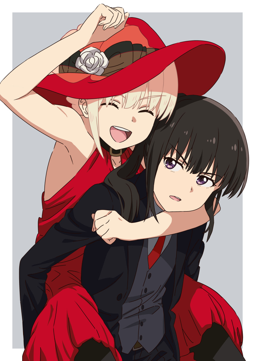 2girls, absurdres, arm_up, asada7101, belt_buckle, black_bow, black_hair, black_jacket