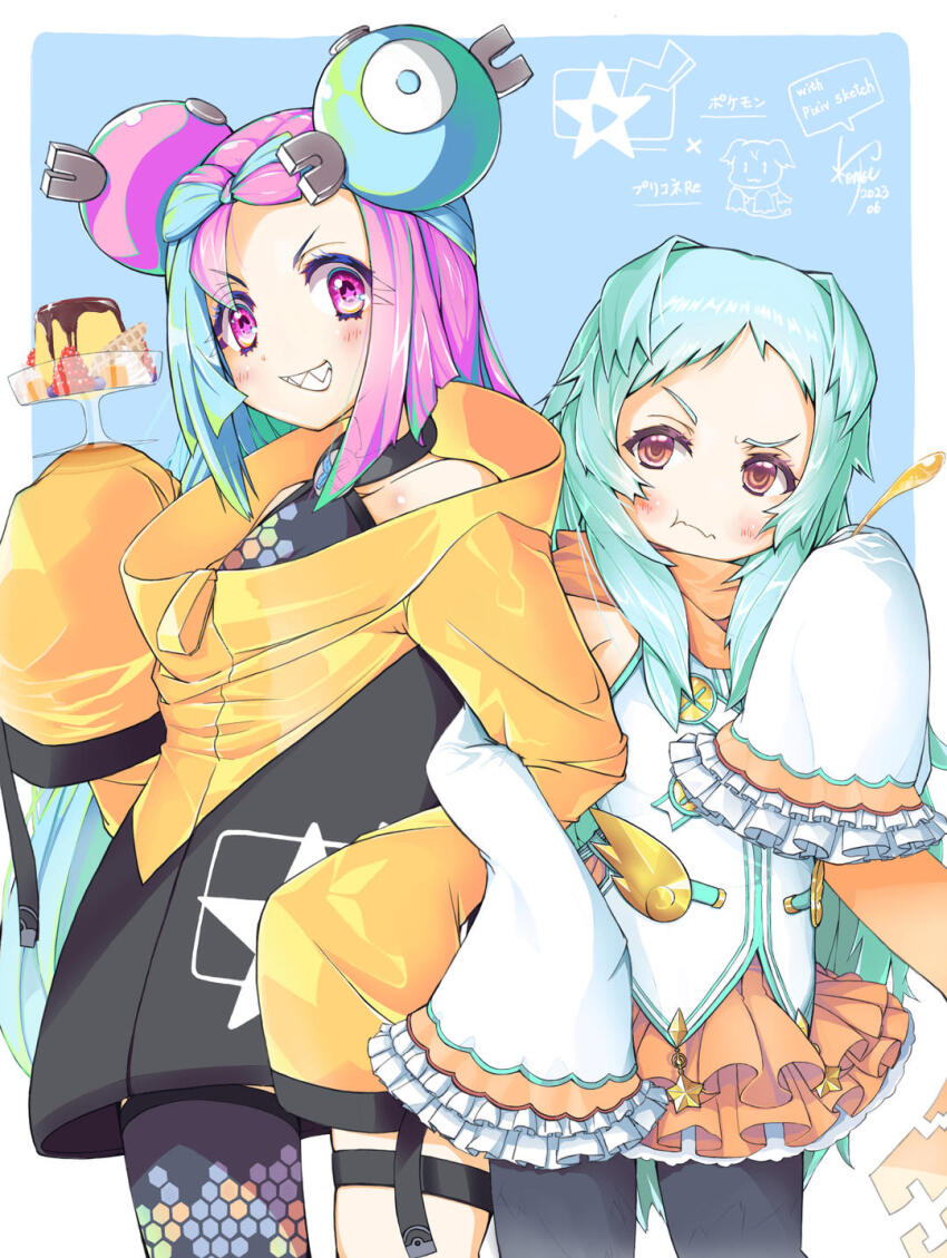 2girls, blue_hair, cowboy_shot, crossover, food, highres, holding, holding_food