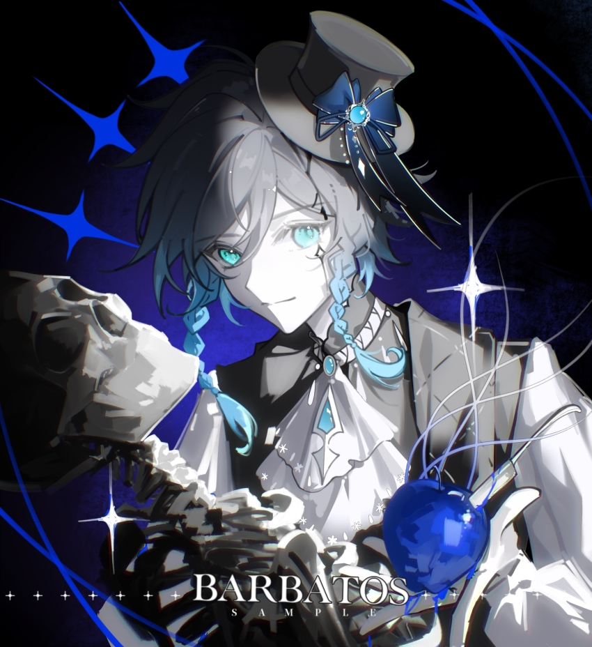 1boy, absurdres, alternate_costume, apple, ascot, black_hair, black_hat, blue_apple