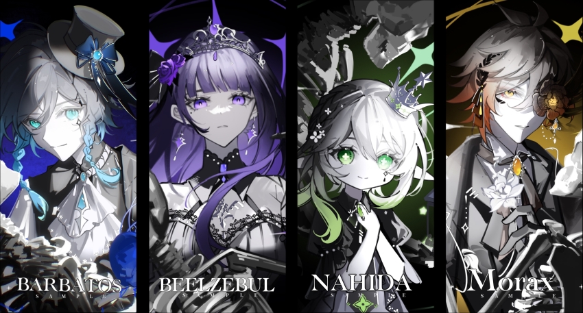 2boys, 2girls, alternate_costume, ascot, black_gloves, black_hair, black_headwear, blue_eyes, braid, brooch, brown_flower, brown_hair, character_name, chinese_commentary, commentary_request, crown, earrings, flower, genshin_impact, gloves, gradient_hair, green_eyes, green_hair, hat, highres, jewelry, mini_crown, multicolored_hair, multiple_boys, multiple_girls, nahida_(genshin_impact), orange_hair, purple_eyes, purple_hair, raiden_shogun, shichong, short_hair_with_long_locks, side_ponytail, smile, tiara, top_hat, twin_braids, venti_(genshin_impact), white_hair, zhongli_(genshin_impact)