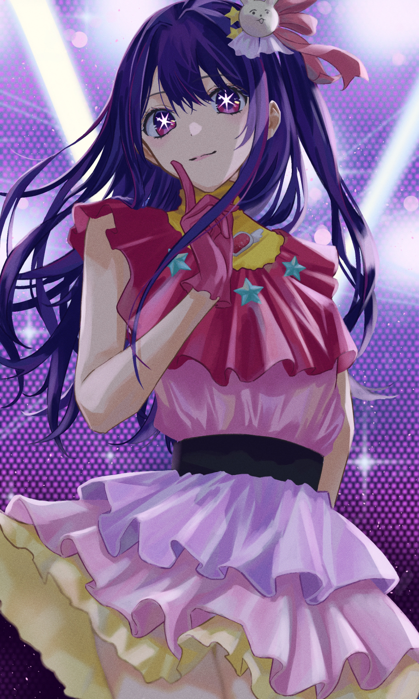 1girl, absurdres, belt, black_belt, brooch, closed_mouth, commentary, cowboy_shot, daidai_neroli, dress, film_grain, finger_to_cheek, floating_hair, frilled_dress, frilled_gloves, frills, gloves, hair_between_eyes, hair_ornament, hair_ribbon, hand_up, heart, heart_brooch, highres, hoshino_ai, idol, idol_clothes, index_finger_raised, jewelry, light_particles, long_hair, multicolored_hair, oshi_no_ko, pink_dress, pink_gloves, pink_hair, pink_ribbon, purple_eyes, purple_hair, rabbit_hair_ornament, ribbon, shade, sidelocks, sleeveless, sleeveless_dress, solo, sparkle, stage_lights, star-shaped_pupils, star_(symbol), star_hair_ornament, streaked_hair, symbol-shaped_pupils, turtleneck, turtleneck_dress