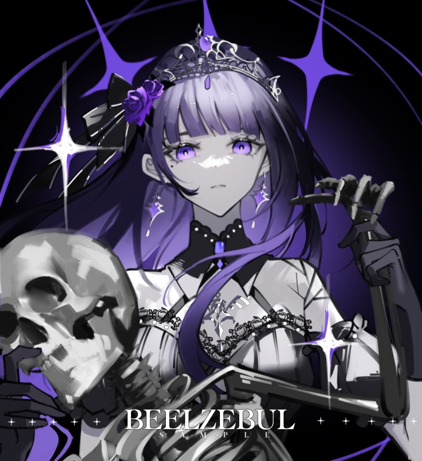 1girl, absurdres, alternate_costume, black_gloves, blunt_bangs, character_name, chinese_commentary, commentary, commentary_request, earrings, flower, genshin_impact, gloves, hair_flower, hair_ornament, highres, jewelry, long_hair, long_sleeves, purple_eyes, purple_flower, purple_hair, raiden_shogun, shichong, skeleton, solo, tiara