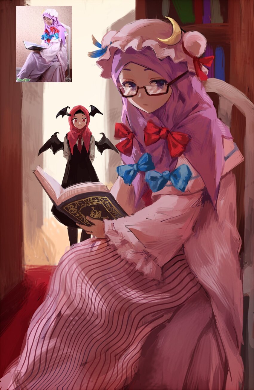 2girls, adapted_costume, arms_behind_back, bat_wings, black_vest, blue_bow, book, bookshelf