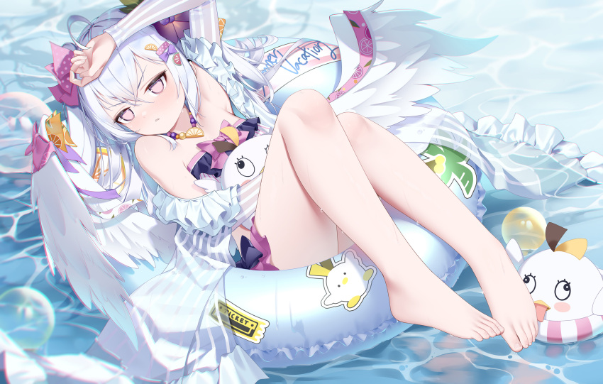 1girl, ahoge, arm_up, azusa_(blue_archive), azusa_(swimsuit)_(blue_archive), bare_shoulders, barefoot, bead_necklace