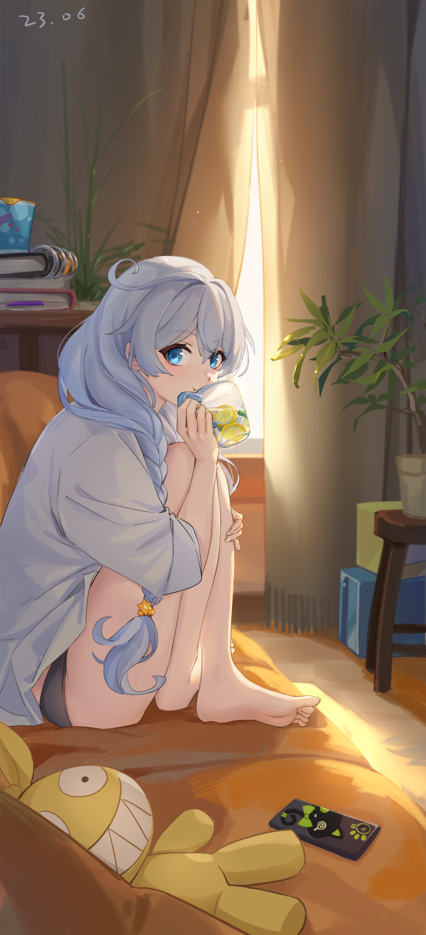 1girl, absurdres, bare_legs, barefoot, black_panties, blue_eyes, braid, braided_ponytail