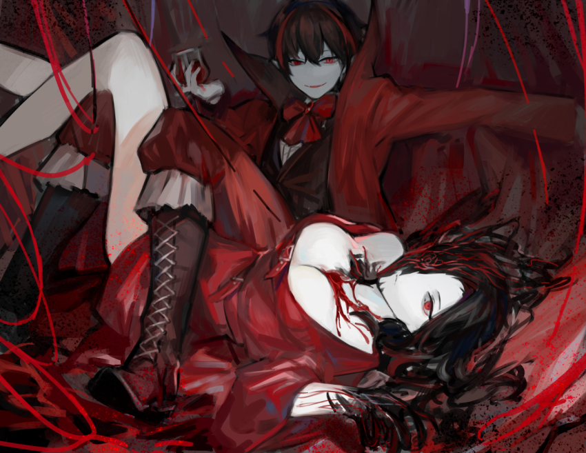 1boy, 1girl, black_hair, blood, blood_vessels, boots, bow, bowtie