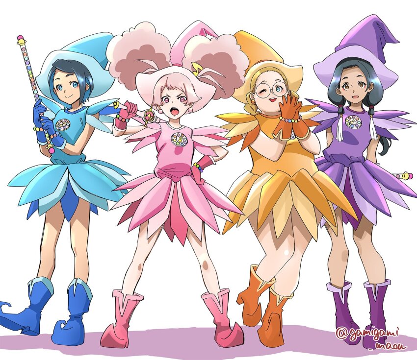 4girls, afro_puffs, aliya_mahvash, black_hair, blonde_hair, blue_dress, blue_eyes, blue_hair, boots, braid, breasts, brown_eyes, chuatury_panlunch, colored_inner_hair, cosplay, double_bun, dress, earrings, fortissimo, fujiwara_hazuki, fujiwara_hazuki_(cosplay), full_body, gamigami_maou_(artist), gloves, gundam, gundam_suisei_no_majo, hair_bun, hair_ornament, harukaze_doremi, harukaze_doremi_(cosplay), hat, highres, holding, holding_wand, jewelry, lilique_kadoka_lipati, long_hair, magical_girl, medium_breasts, multicolored_hair, multiple_girls, musical_note, musical_note_hair_ornament, nika_nanaura, ojamajo_doremi, one_eye_closed, open_mouth, orange_boots, orange_dress, orange_gloves, pink_boots, pink_dress, pink_eyes, pink_gloves, pink_hair, pink_headwear, plump, purple_dress, purple_footwear, purple_headwear, segawa_onpu, segawa_onpu_(cosplay), senoo_aiko, senoo_aiko_(cosplay), short_hair, simple_background, small_breasts, smile, standing, twin_braids, twitter_username, two-tone_hair, v-shaped_eyebrows, wand, white_background, witch_hat