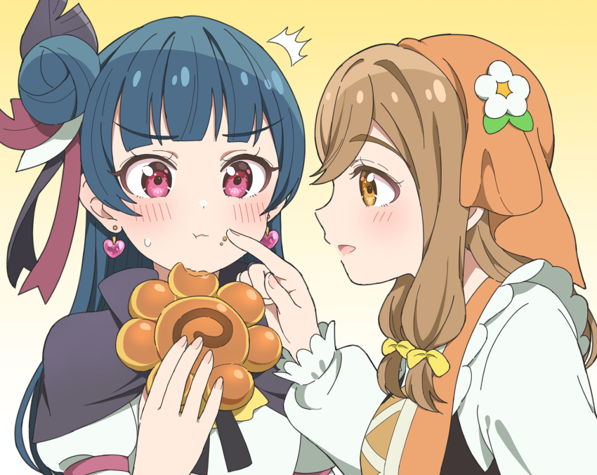 2girls, blue_hair, bow, cleaning, crumbs, earrings, eating, genjitsu_no_yohane