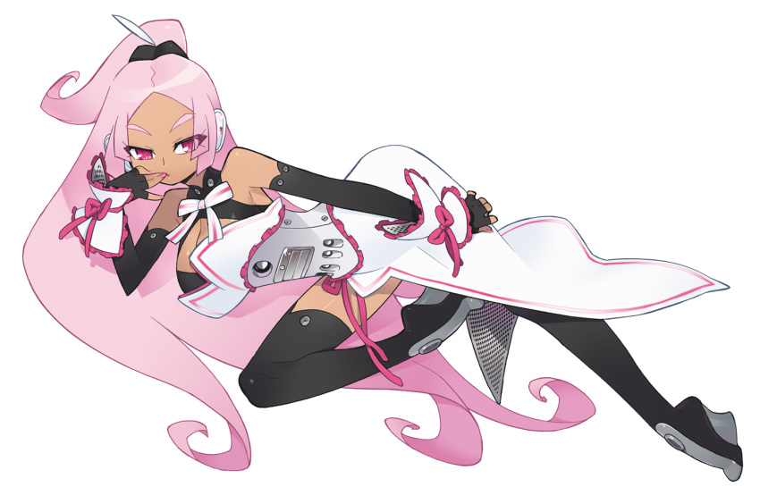 1girl, akatsuki_gomoku, apple_inc., arched_back, bow, breasts, cleavage, dark-skinned_female, dark_skin, elbow_gloves, female_focus, gloves, large_breasts, long_hair, macintosh, macne_coco, macne_coco_(kuro), macne_series, nail_polish, pink_hair, pink_nails, red_eyes, simple_background, solo, thighhighs