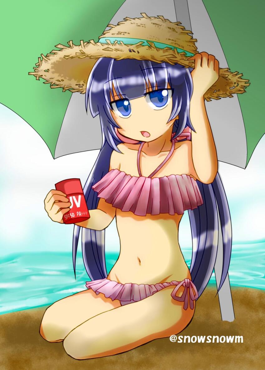 1girl, beach_umbrella, bikini, blue_eyes, blue_hair, collarbone, full_body, groin