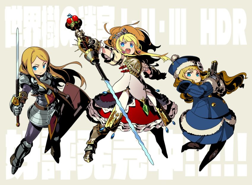 3girls, armor, armored_dress, blonde_hair, coat, dress, etrian_odyssey, full_body