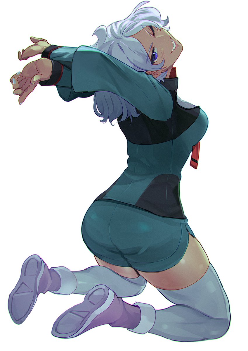 1girl, ass, asticassia_school_uniform, blue_eyes, commentary_request, full_body, green_jacket, green_shorts, gundam, gundam_suisei_no_majo, head_tilt, heikki_(heikki_ghost), highres, jacket, looking_at_viewer, school_uniform, secelia_dote, shorts, smile, solo, thighhighs, white_background, white_hair, white_nails, white_thighhighs