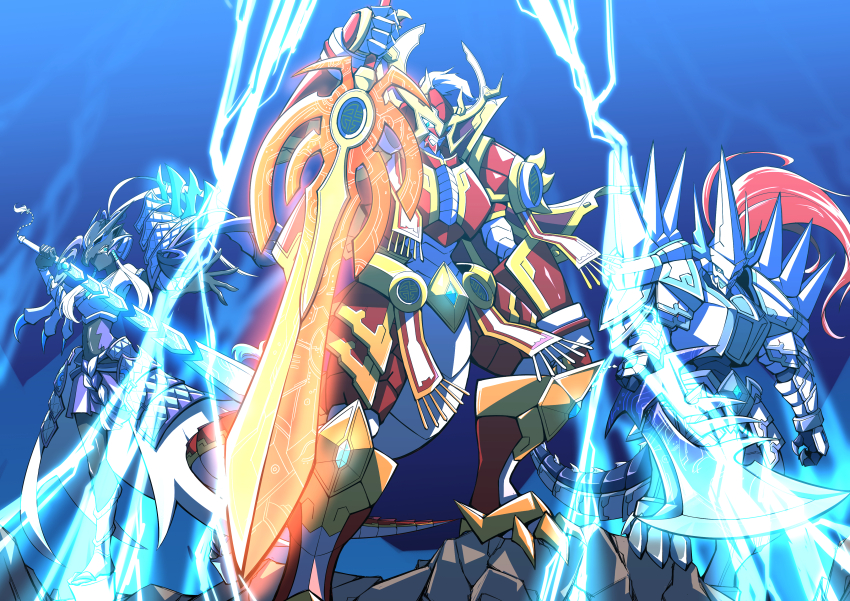 1girl, 2boys, absurdres, armor, black_bodysuit, blue_eyes, body_armor, bodysuit