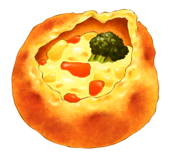 bread_bowl, broccoli, carrot, food, food_focus, haboban, no_humans, original, simple_background, stew, still_life, white_background