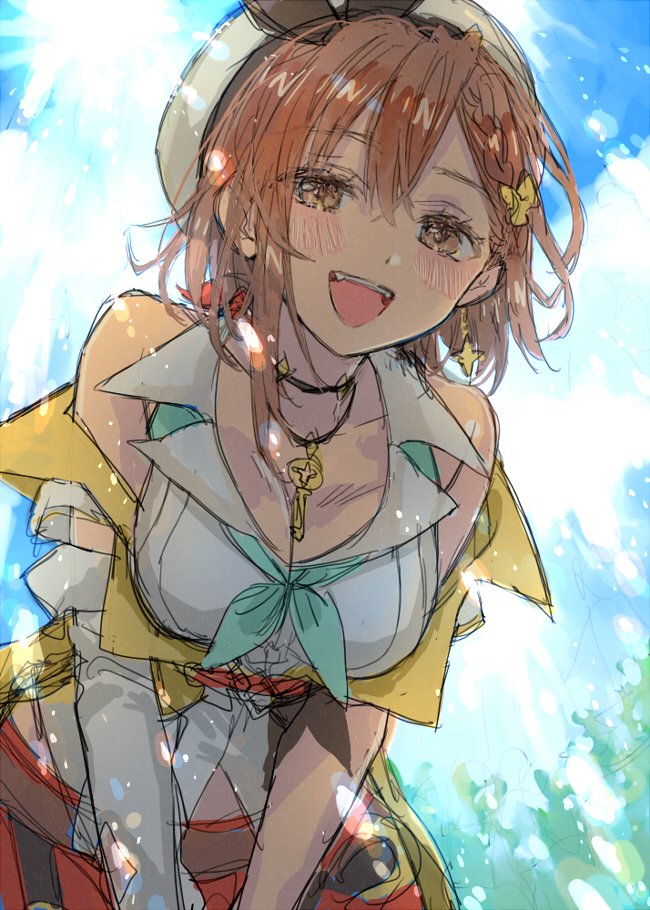 1girl, :d, aqua_neckerchief, asymmetrical_hair, atelier_(series), atelier_ryza, atelier_ryza_2, bare_shoulders, beret, black_ribbon, blush, breasts, brown_eyes, brown_hair, cleavage, crossed_bangs, detached_sleeves, earrings, eyes_visible_through_hair, hair_between_eyes, hair_ornament, hani_(udauda), hat, hat_ribbon, jacket, jewelry, key, key_necklace, long_sleeves, medium_breasts, neckerchief, necklace, open_mouth, reisalin_stout, ribbon, shirt, short_hair, single_detached_sleeve, single_earring, sleeveless, sleeveless_jacket, smile, solo, teeth, upper_teeth_only, v_arms, white_hat, white_shirt, white_sleeves, yellow_jacket