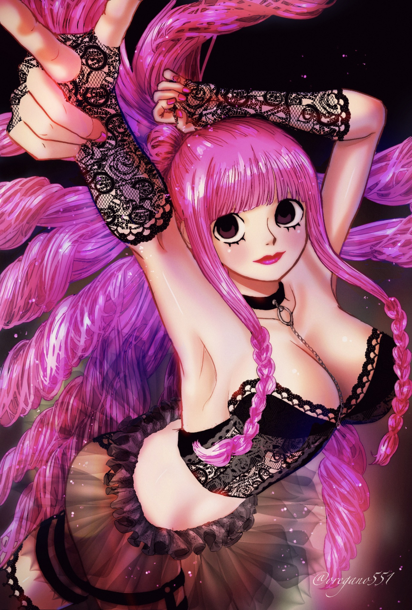 1girl, absurdly_long_hair, ass, black_eyes, black_panties, breasts, cleavage, drill_hair