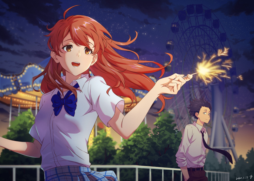 1boy, 1girl, :d, absurdres, amusement_park, black_eyes, black_hair, black_necktie