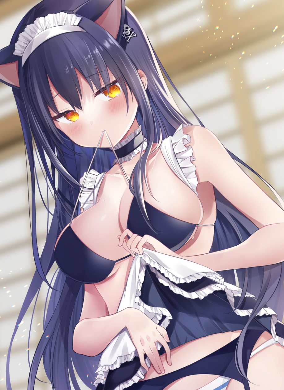 1girl, alternate_costume, animal_ears, bare_arms, bikini, bikini_in_mouth, black_bikini, black_choker, black_skirt, blurry, blurry_background, blush, bone_hair_ornament, breasts, cat_ears, choker, cleavage, closed_mouth, clothes_in_mouth, clothes_lift, collarbone, commission, curvy, dutch_angle, enmaided, eyelashes, eyes_visible_through_hair, fake_animal_ears, floating_hair, frilled_choker, frilled_skirt, frills, hair_between_eyes, hair_ornament, hair_over_breasts, halterneck, highres, indoors, kushima_kamome, large_breasts, lifting_own_clothes, light_particles, long_hair, looking_at_viewer, maid, maid_headdress, panties, shiny_skin, sidelocks, skindentation, skirt, skirt_lift, skull_and_crossbones, skull_hair_ornament, solo, straight_hair, striped_clothes, striped_panties, summer_pockets, swimsuit, underwear, upper_body, very_long_hair, yellow_eyes, yutori_z71