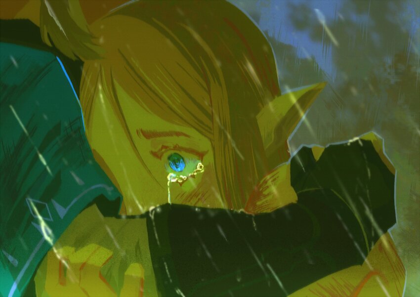 1boy, 1girl, arm_around_shoulder, bare_shoulders, blonde_hair, blue_eyes, blue_tunic, blurry, blurry_background, bruise, bruise_on_face, champion's_tunic_(zelda), clenched_hand, close-up, colored_eyelashes, comforting, commentary, constricted_pupils, crying, crying_with_eyes_open, despair, dirty, dirty_clothes, dirty_face, english_commentary, fingerless_gloves, forest, gauntlets, gloves, head_on_another's_shoulder, highres, hug, injury, leather, leather_gloves, lemolunes, link, messy_hair, nature, nintendo, pointy_ears, princess_zelda, rain, sad, sidelocks, solo_focus, streaming_tears, tears, the_legend_of_zelda, the_legend_of_zelda:_breath_of_the_wild, tunic, wet, wet_clothes, wet_hair