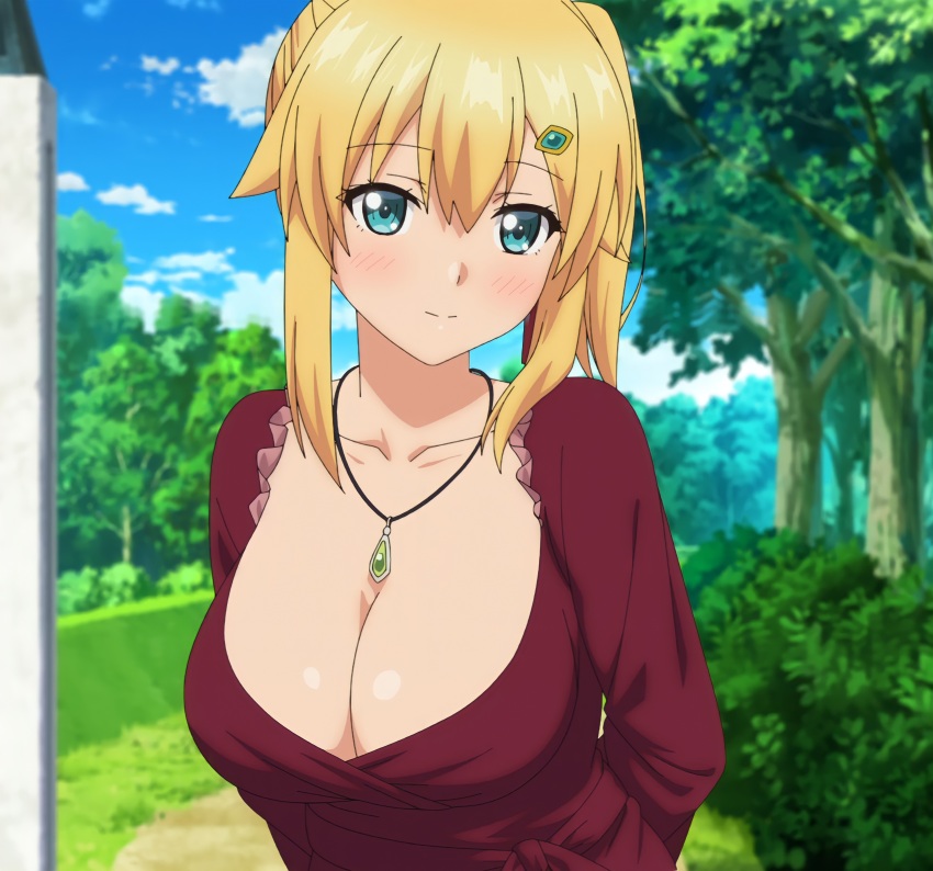 1girl, absurdres, aqua_eyes, arms_behind_back, blonde_hair, blush, breasts, cleavage