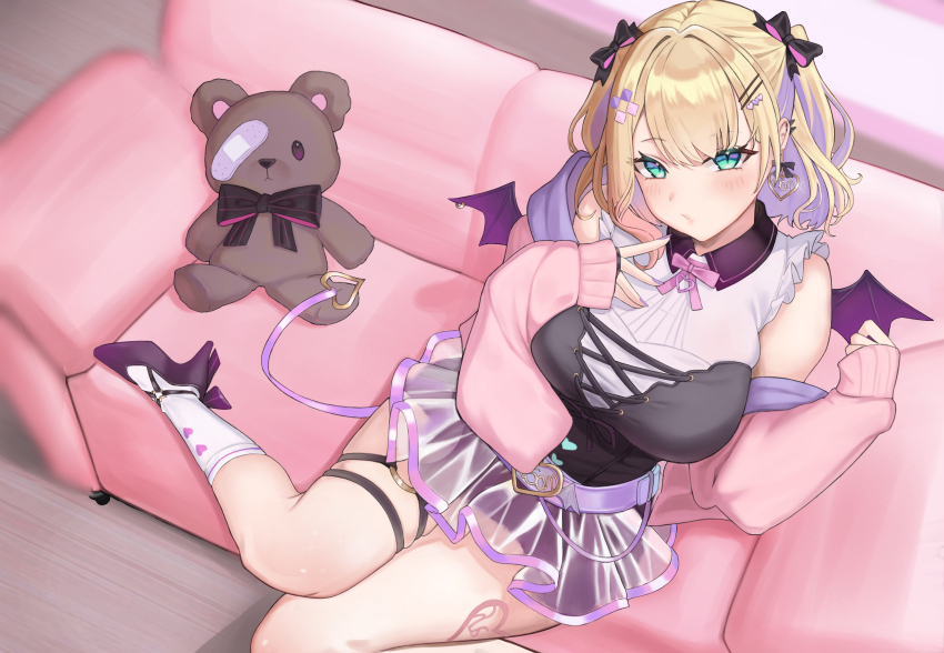1girl, aqua_eyes, bare_shoulders, blonde_hair, blush, breasts, couch, hell2_(ses0297), high_heels, highres, kurumi_noah, kurumi_noah_(3rd_costume), large_breasts, long_sleeves, looking_at_viewer, purple_hair, purple_nails, sitting, sleeves_past_wrists, socks, solo, stuffed_animal, stuffed_toy, teddy_bear, virtual_youtuber, vspo!, white_socks, wings