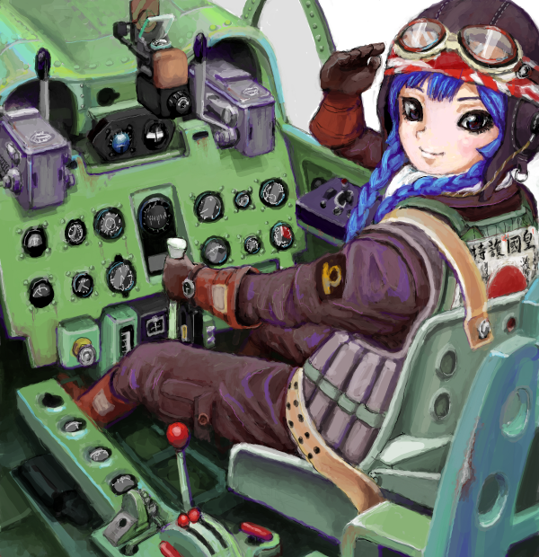 1girl, a6m_zero, ace_akira, aircraft, airplane, blue_hair, cockpit, commentary_request