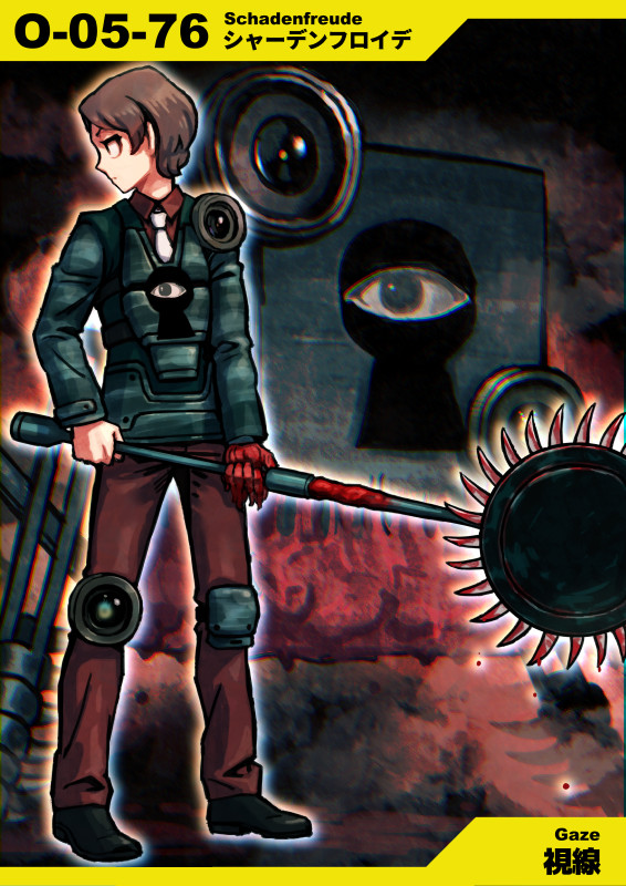 1boy, armor, black_footwear, blood, bloody_weapon, blue_jacket, blunt_bangs, brown_eyes