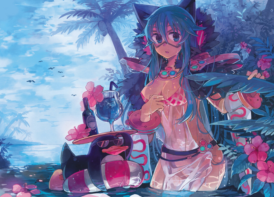 1girl, animal_ears, argyle_clothes, argyle_dress, bangle, belt, bird, black_belt, blue_eyes, blue_hair, blue_sky, blush, bottle, bracelet, breasts, cat_ears, cat_girl, cleavage, cloud, cocktail, commentary_request, cowboy_shot, day, detached_sleeves, dress, drinking_straw, expressionless, eye_mask, floating, floating_object, flower, fur_collar, galapago_(ragnarok_online), galapagos_penguin, goinkyo, hair_between_eyes, hibiscus, horizon, innertube, jewelry, long_bangs, long_hair, looking_at_viewer, mask, medium_breasts, no_panties, ocean, open_mouth, outdoors, palm_tree, penguin, pink_flower, ragnarok_online, see-through_clothes, see-through_dress, shiroroko, simple_bird, sky, sleeveless, sleeveless_dress, sorcerer_(ragnarok_online), sunglasses, swim_ring, tray, tree, water, wet, wet_clothes, white_sleeves, wine_bottle