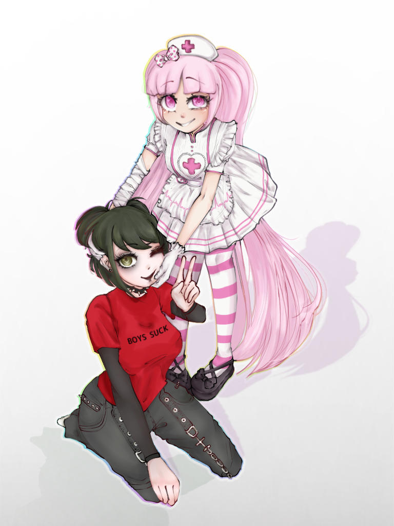 2girls, absurdly_long_hair, age_difference, alternate_costume, bandaged_arm, bandages, black_footwear, black_pants