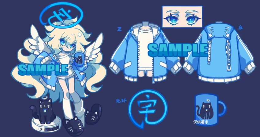 1girl, angel_wings, animal_slippers, black_cat, black_footwear, blonde_hair, blue_eyes, blue_jacket