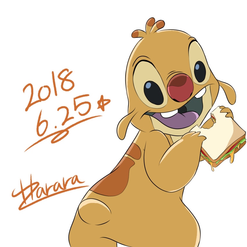 artist_name, dated, food, harara_mk2, highres, holding, holding_food, lilo_&amp;_stitch