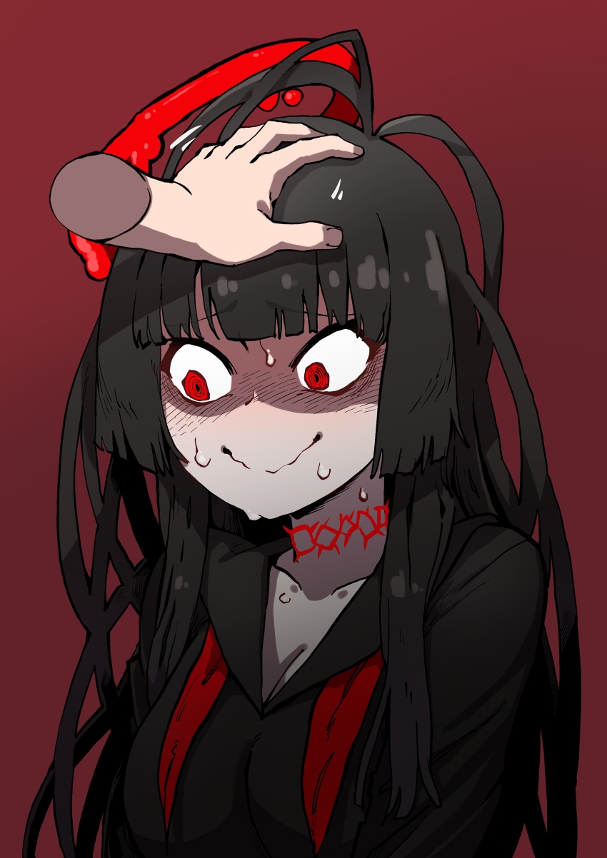 1girl, 1other, absurdres, black_hair, black_serafuku, blood, blood_halo, blue_archive, blush, choker, headpat, highres, liquid_halo, long_hair, messy_hair, neckerchief, red_eyes, school_uniform, serafuku, towji, tsurugi_(blue_archive), undone_neckerchief